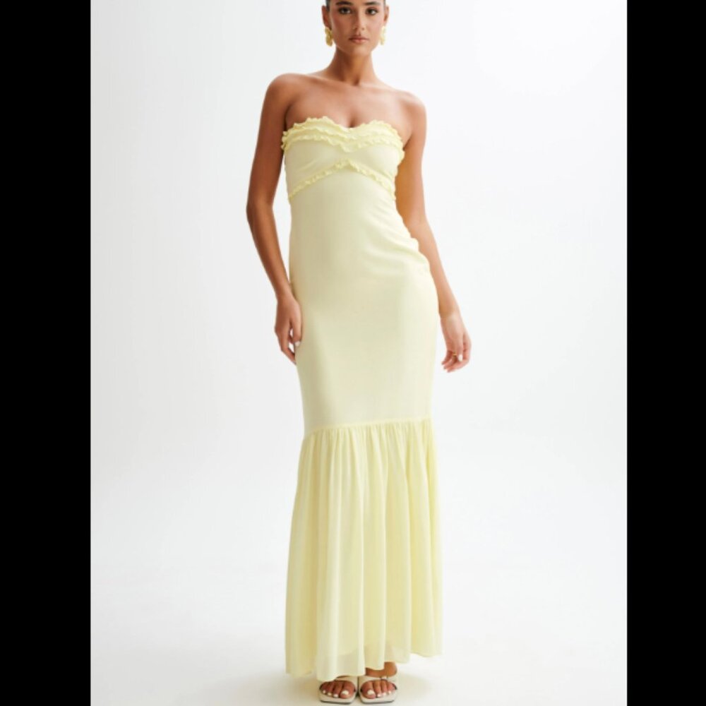 Meshki Olivette Strapless Chiffon Maxi Dress in Lemon Sherbert